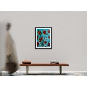 Modern Expressionist Original Abstract Canvas 14x11 red tulips on Blue Field